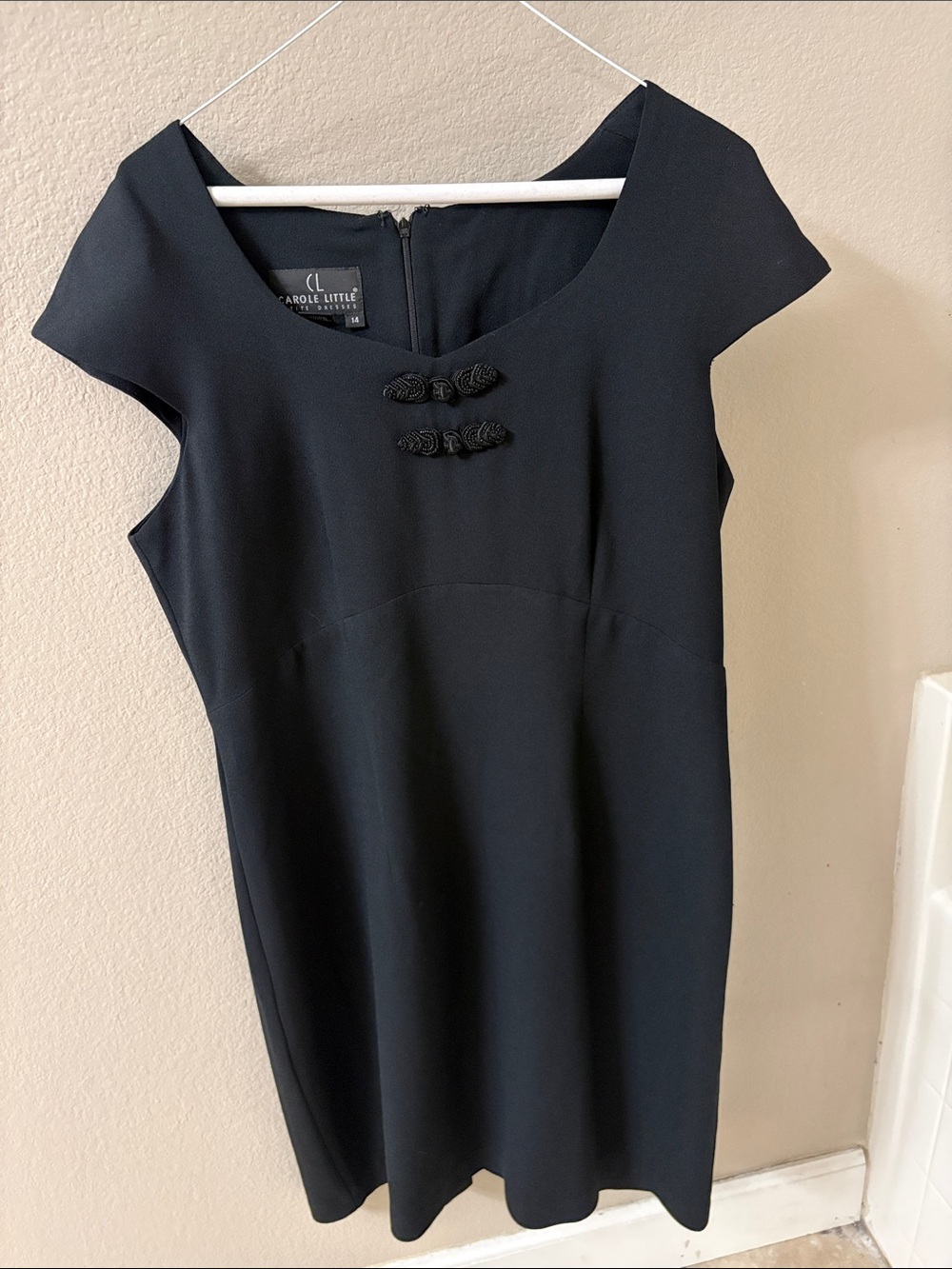 Vintage Carole Little Black Sheath Dress Petite 14 Frog Closure 90s Minimalist